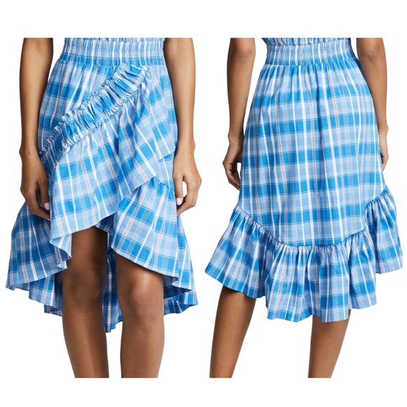 Misa Los Angeles high low blue plaid Luz skirt S small elastic waist tiered - Picture 1 of 11